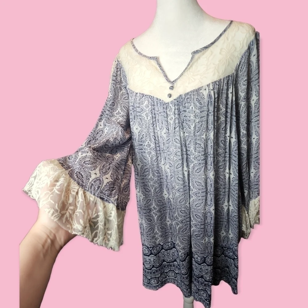 Altar’d State Boho Paisley Embroidered Lace Yoke Bell Sleeves Dress w Pockets L